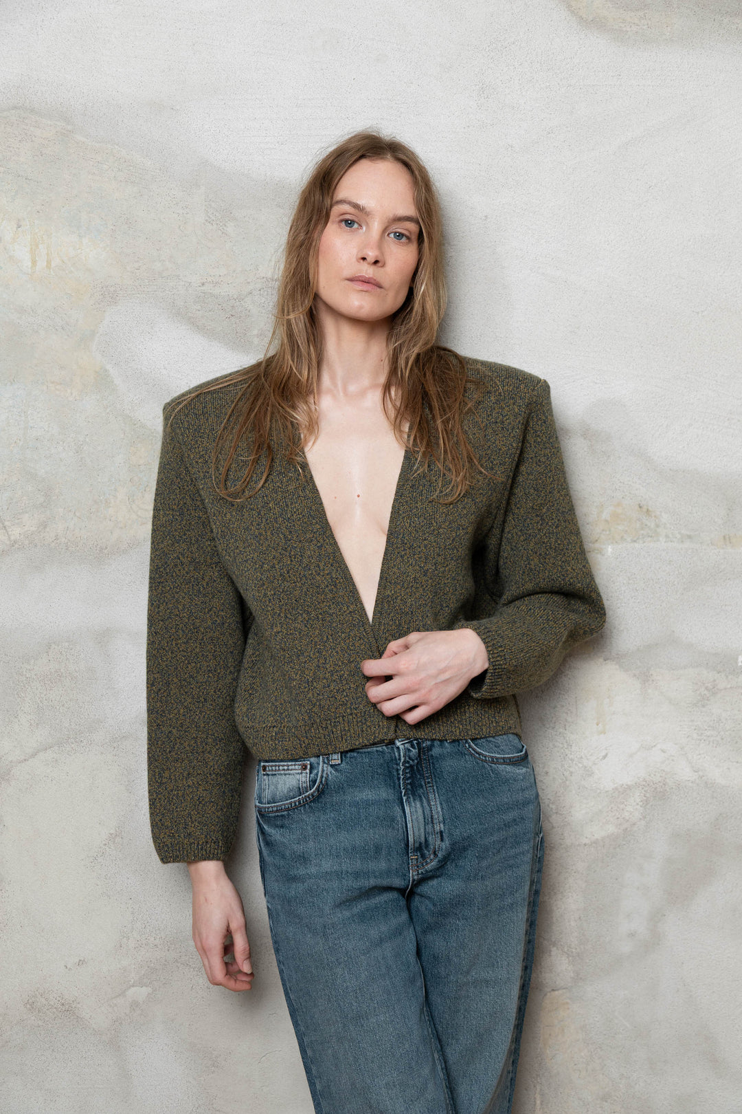 KHAKI MELANGE CASHMERE-MERINO WOOL PADDED SHOULDER JACKET