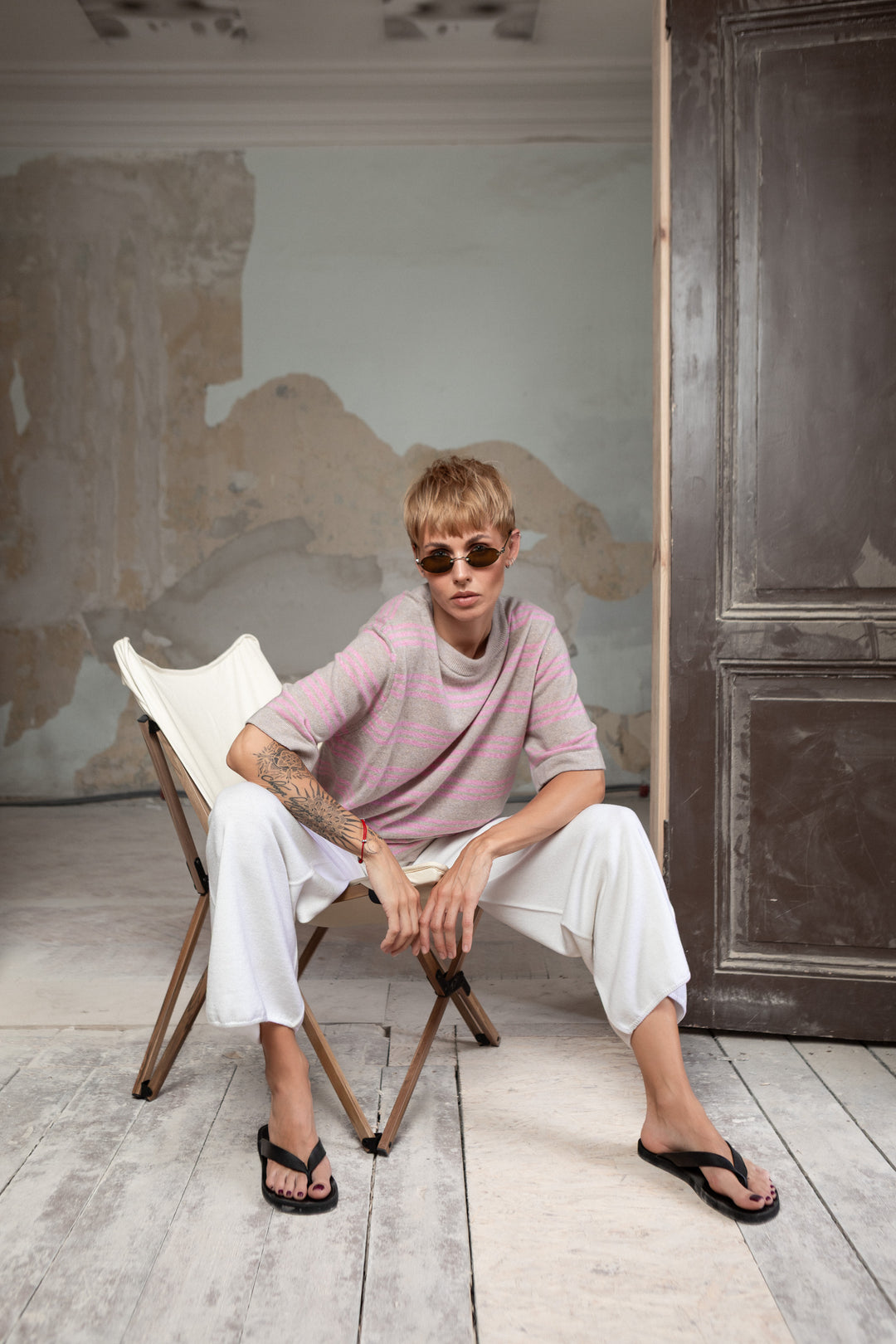 POWDER/SOFT PINK CASHMERE-MERINO WOOL T-SHIRT