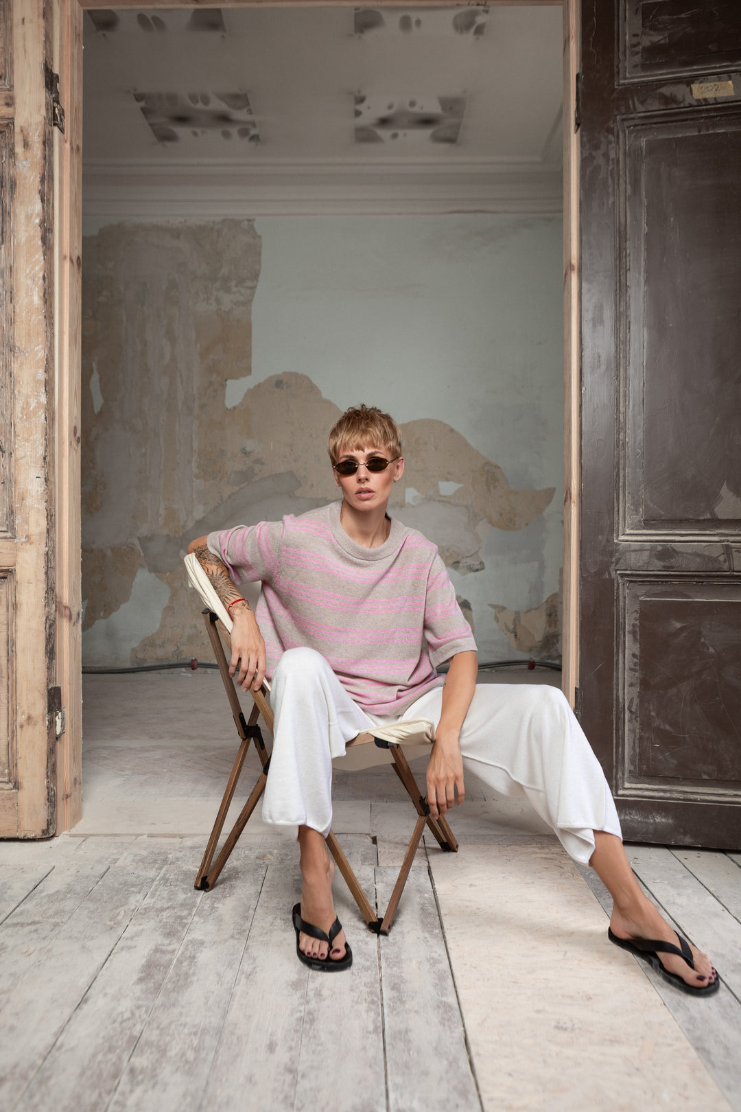 POWDER/SOFT PINK CASHMERE-MERINO WOOL T-SHIRT