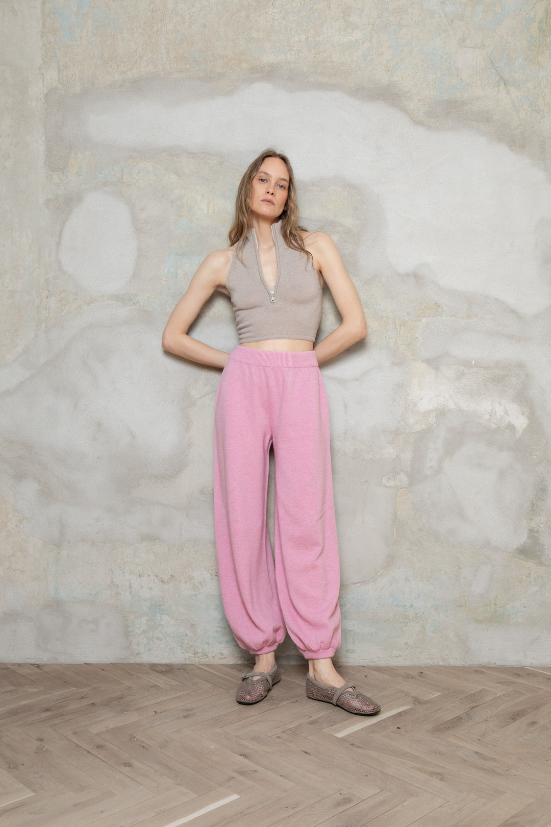 SOFT PINK CASHMERE-MERINO WOOL BALLOON TROUSERS