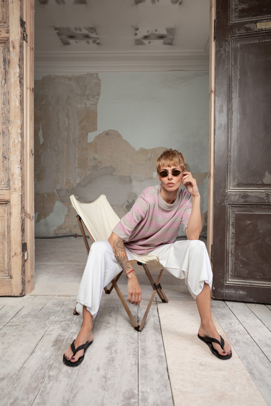 POWDER/SOFT PINK CASHMERE-MERINO WOOL T-SHIRT