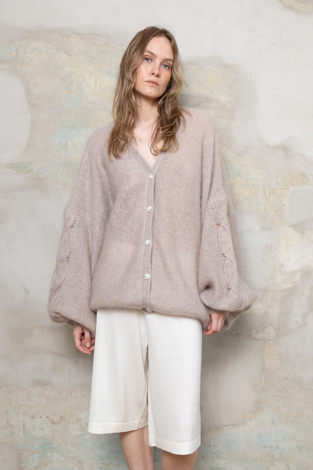 SAND MOHAIR AND SILK CARDIGAN