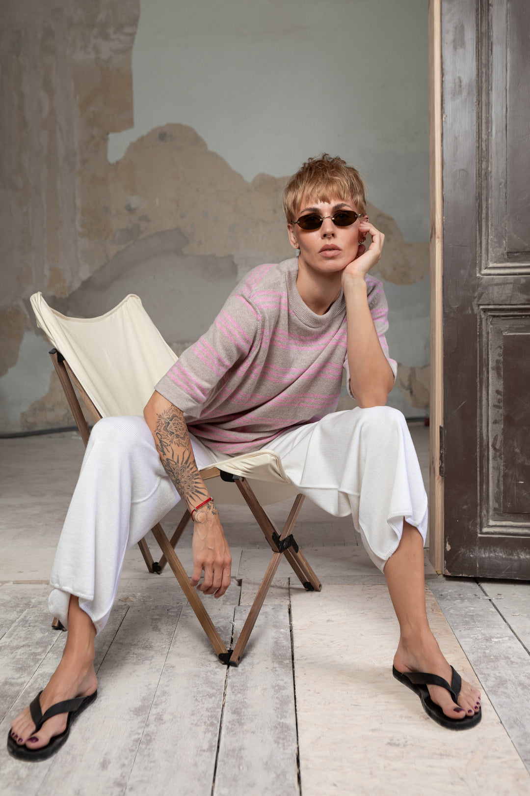 POWDER/SOFT PINK CASHMERE-MERINO WOOL T-SHIRT