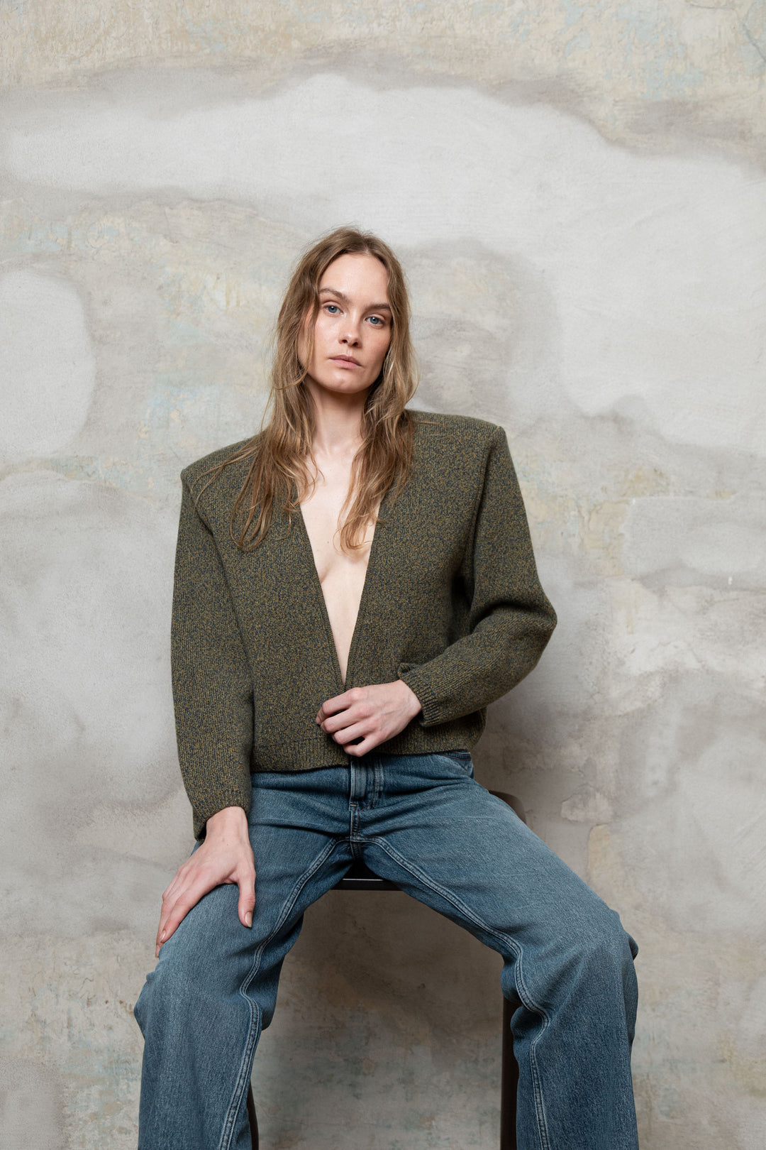 KHAKI MELANGE CASHMERE-MERINO WOOL PADDED SHOULDER JACKET