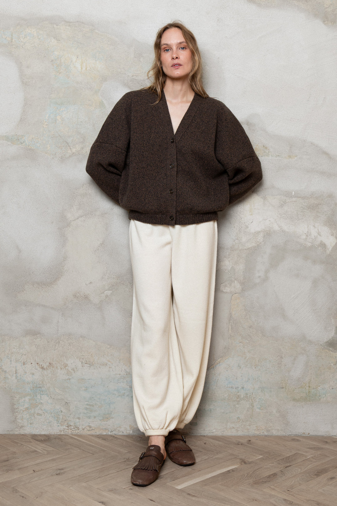 CHOCOLATE BROWN MELANGE CASHMERE-MERINO WOOL BOMBER JACKET