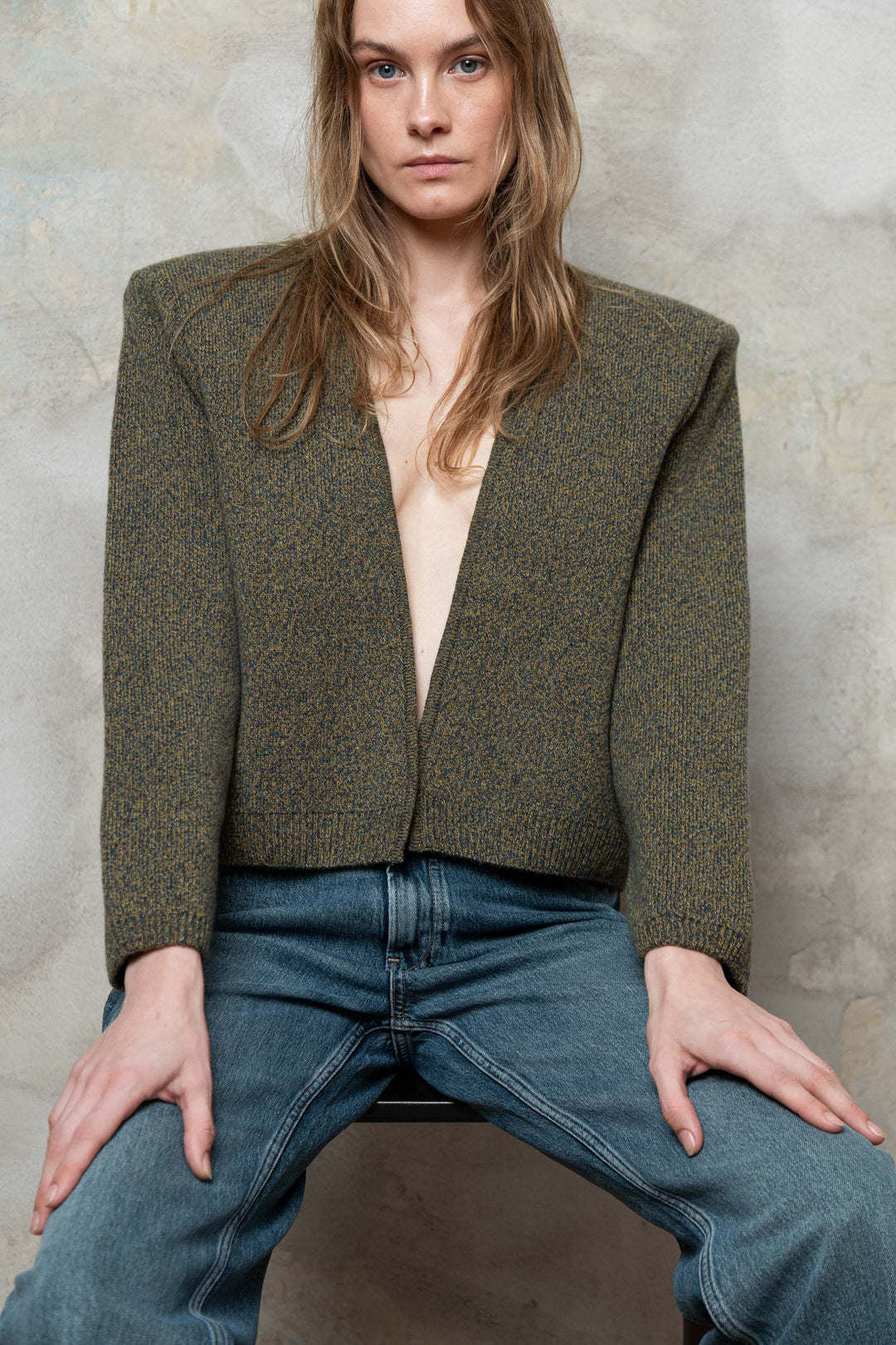 KHAKI MELANGE CASHMERE-MERINO WOOL PADDED SHOULDER JACKET