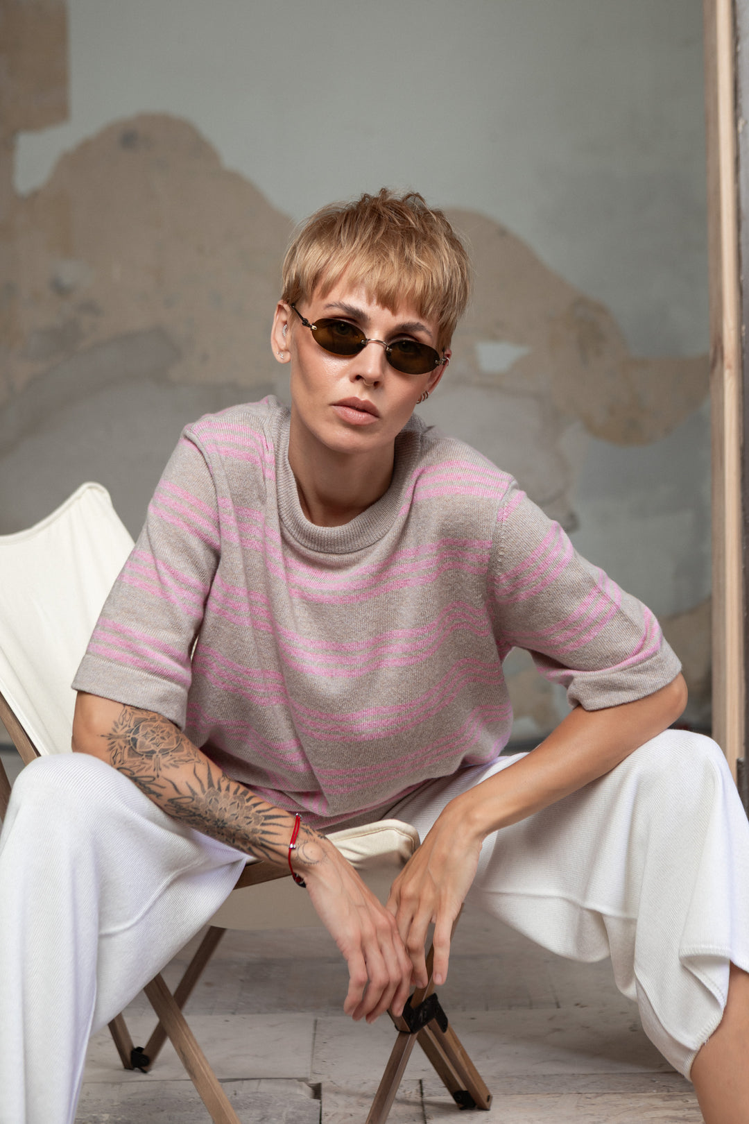 POWDER/SOFT PINK CASHMERE-MERINO WOOL T-SHIRT