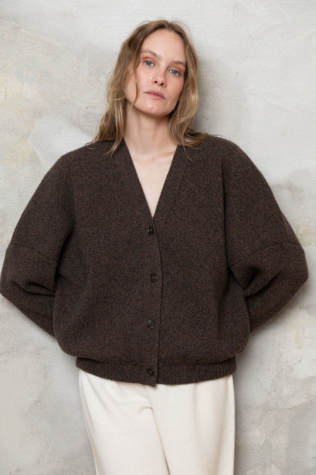 CHOCOLATE BROWN MELANGE CASHMERE-MERINO WOOL BOMBER JACKET