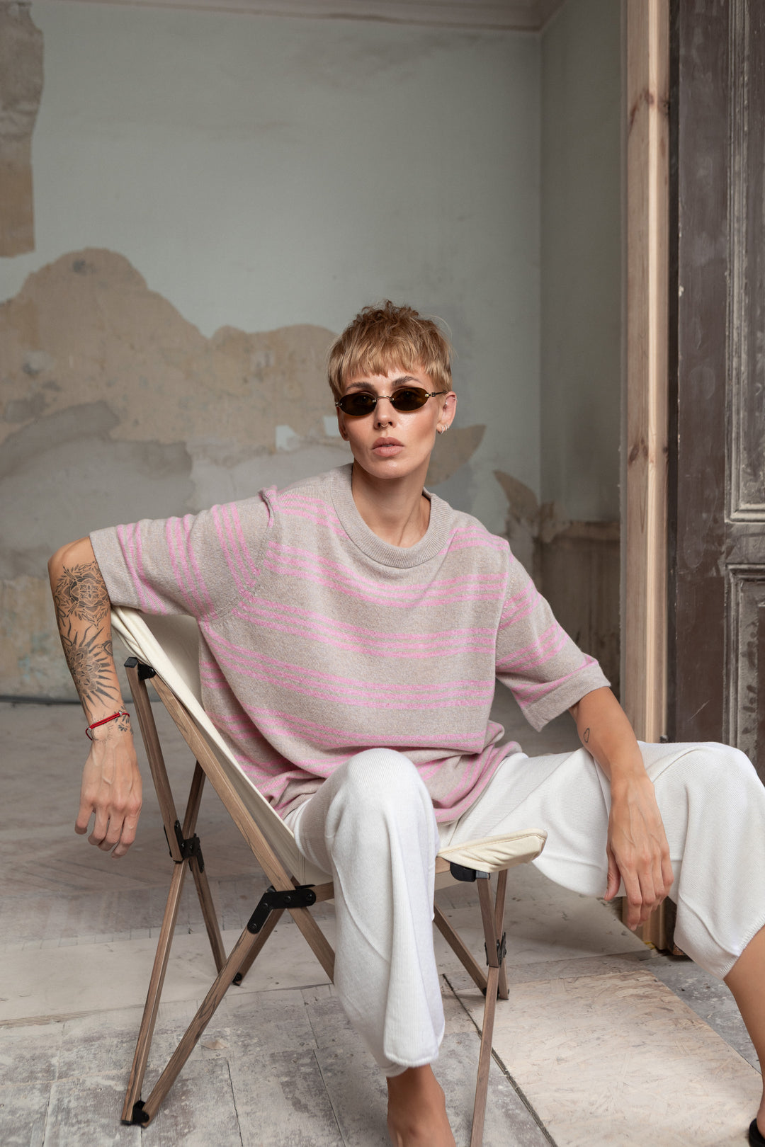 POWDER/SOFT PINK CASHMERE-MERINO WOOL T-SHIRT