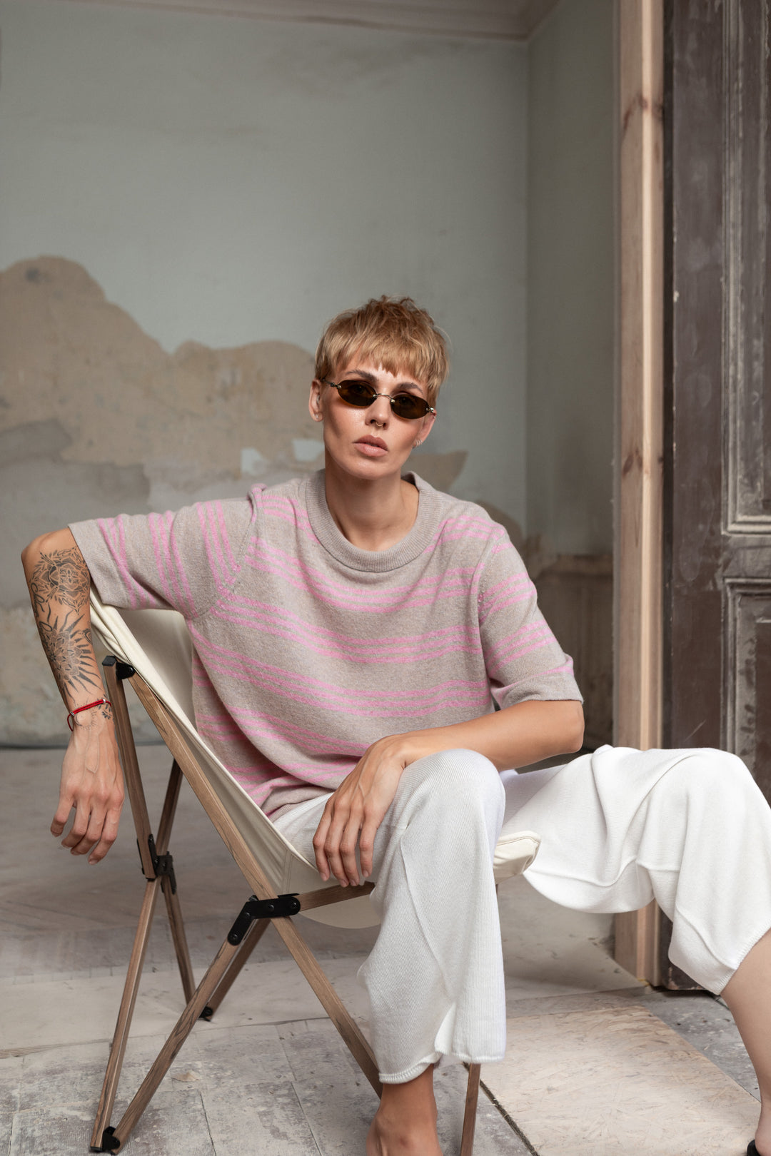POWDER/SOFT PINK CASHMERE-MERINO WOOL T-SHIRT