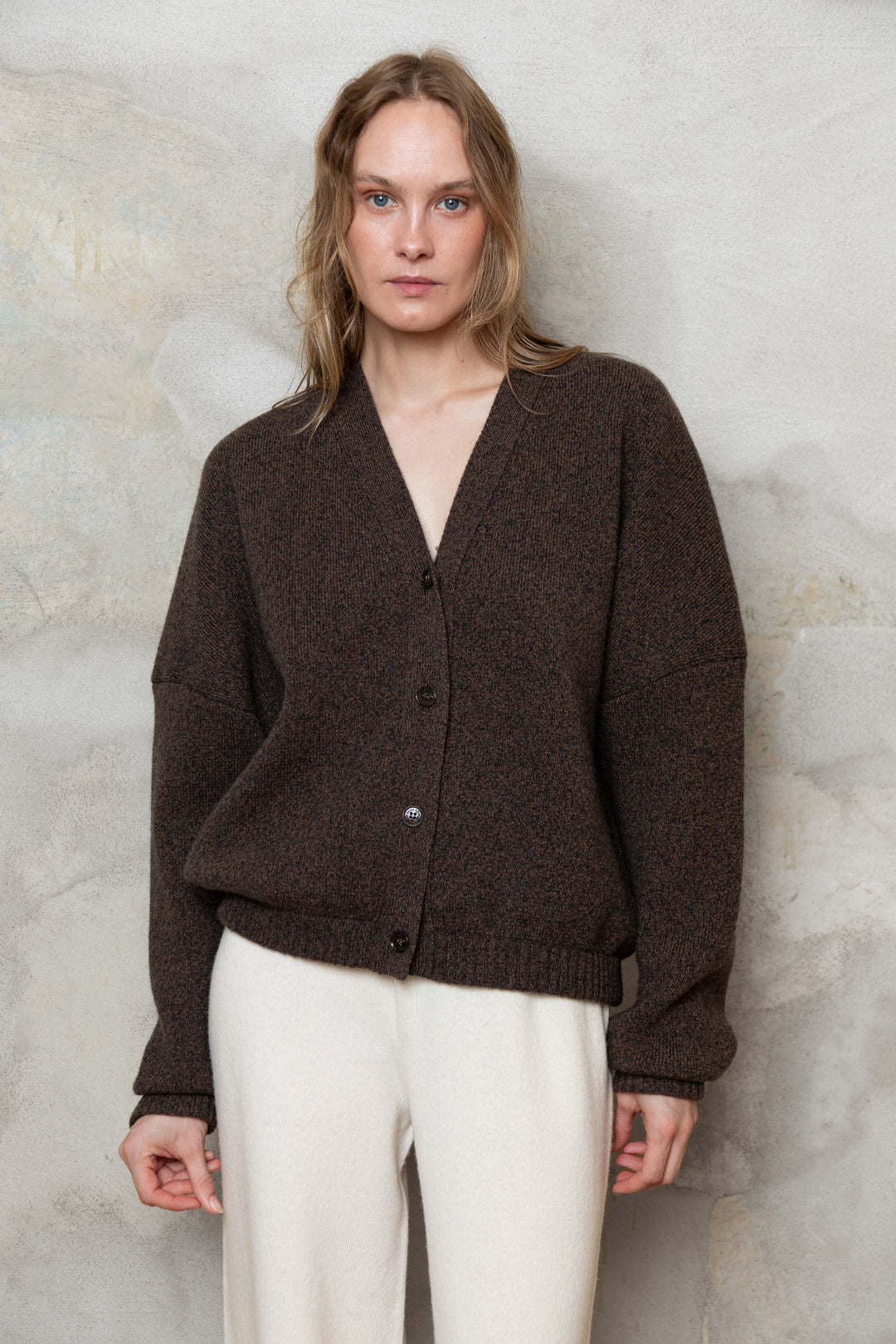 CHOCOLATE BROWN MELANGE CASHMERE-MERINO WOOL BOMBER JACKET