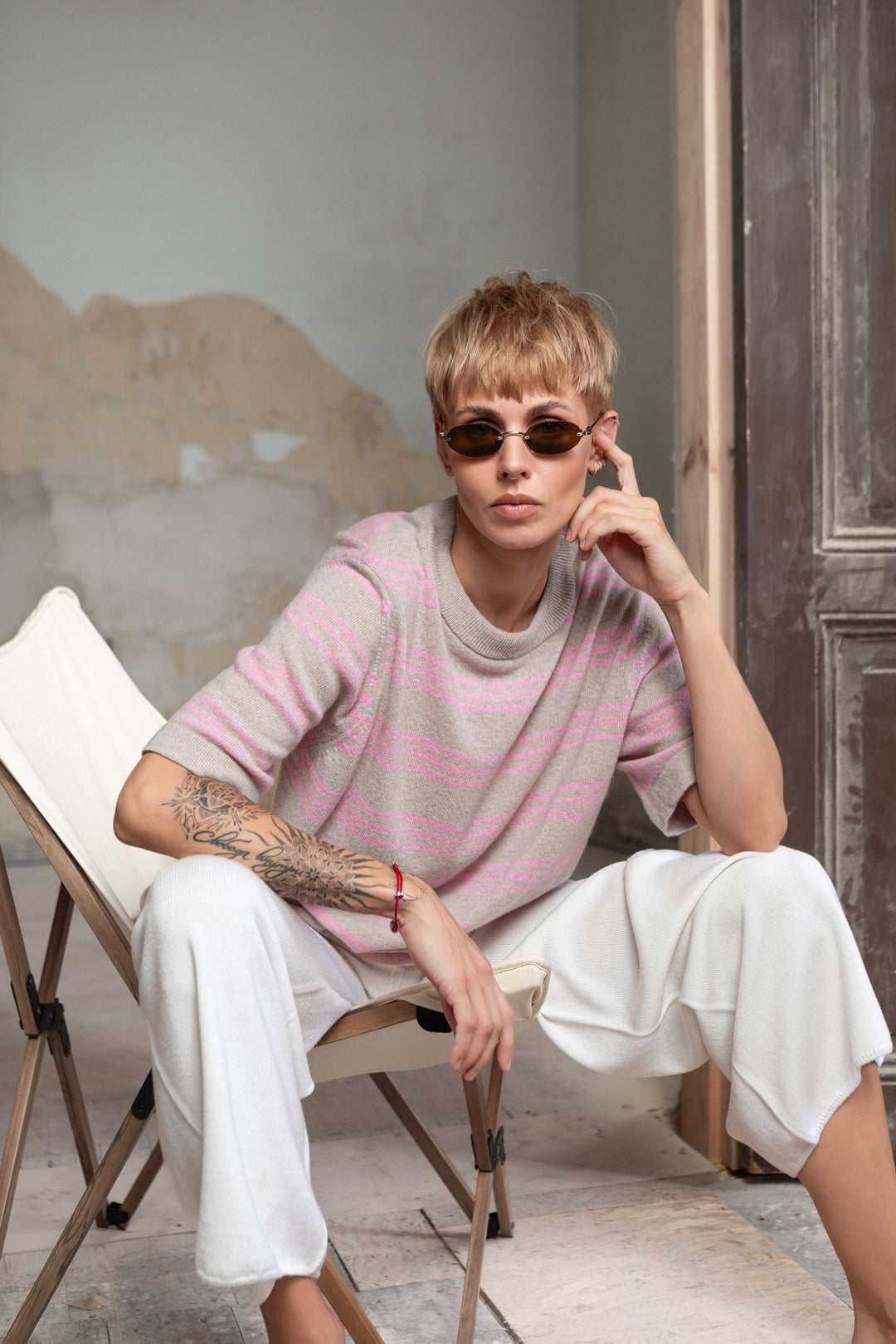 POWDER/SOFT PINK CASHMERE-MERINO WOOL T-SHIRT