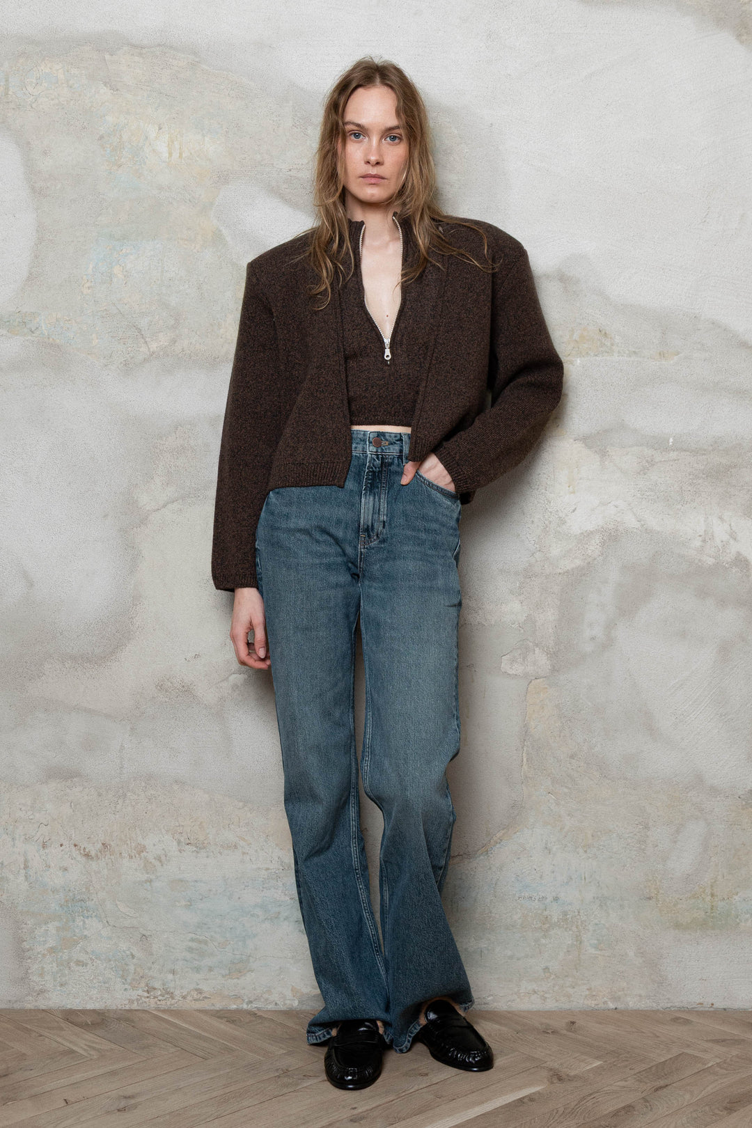 CHOCOLATE BROWN MELANGE CASHMERE-MERINO WOOL PADDED SHOULDER JACKET