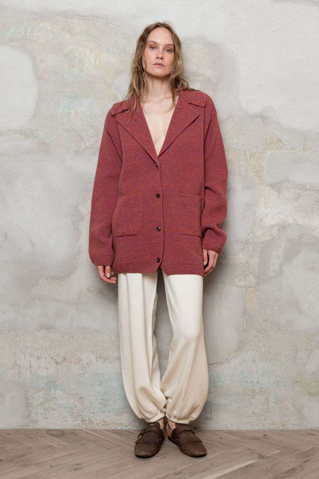 RASPBERRY RED MELANGE CASHMERE-MERINO WOOL JACKET CARDIGAN