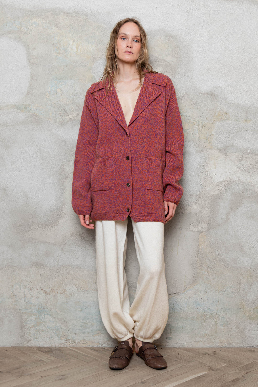 RASPBERRY RED MELANGE CASHMERE-MERINO WOOL JACKET CARDIGAN