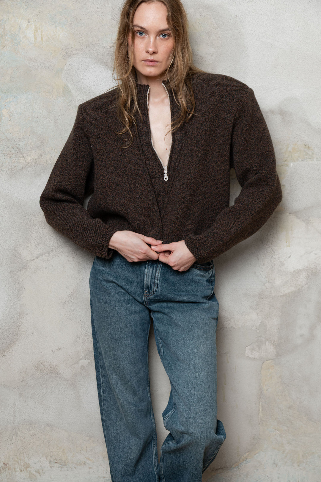 CHOCOLATE BROWN MELANGE CASHMERE-MERINO WOOL PADDED SHOULDER JACKET