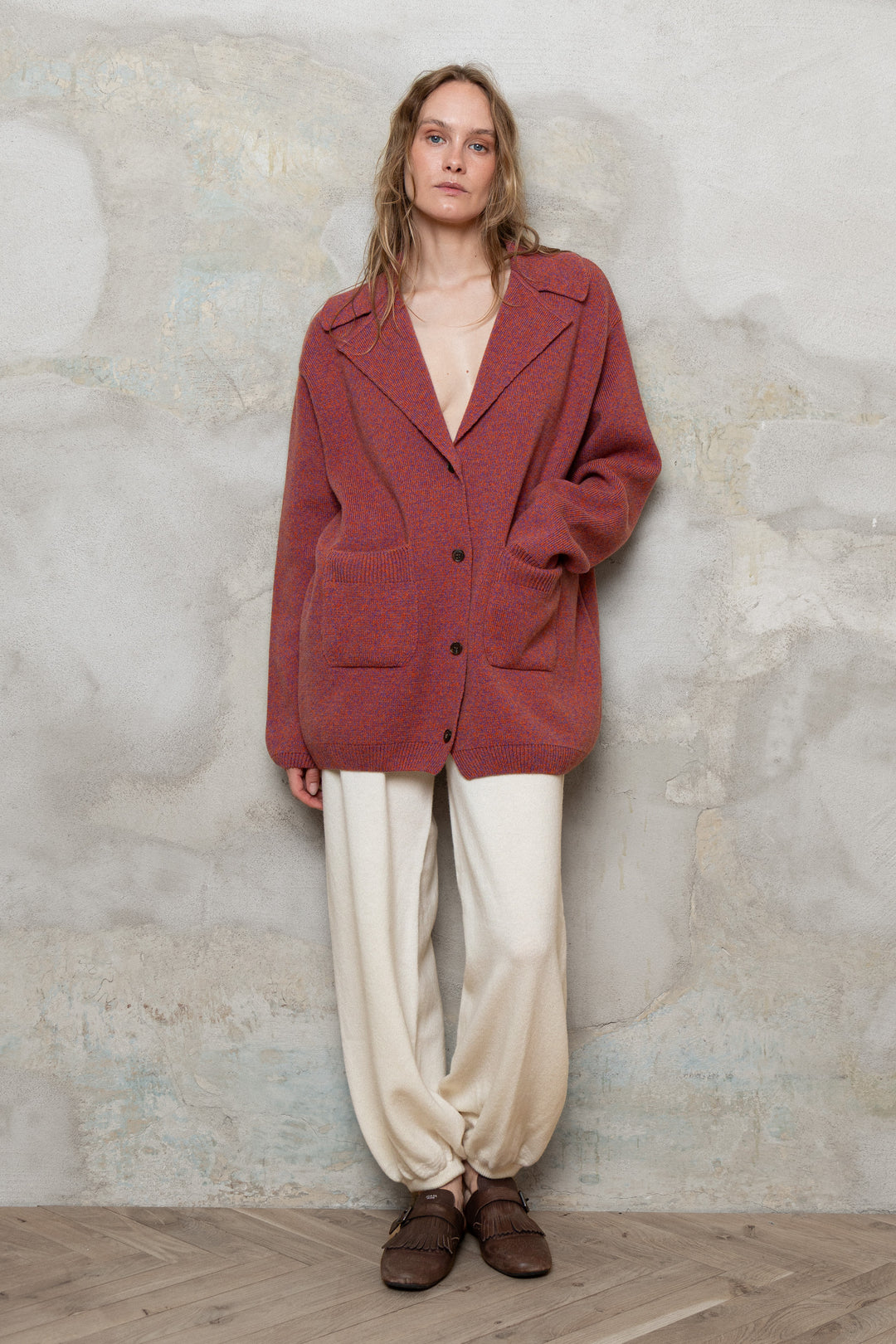 RASPBERRY RED MELANGE CASHMERE-MERINO WOOL JACKET CARDIGAN