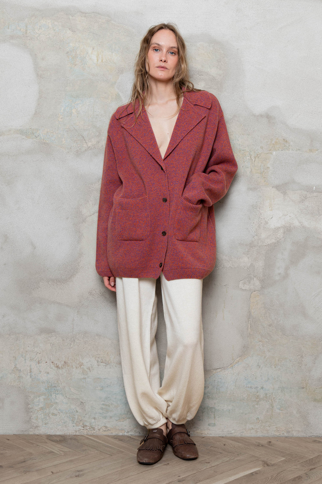 RASPBERRY RED MELANGE CASHMERE-MERINO WOOL JACKET CARDIGAN