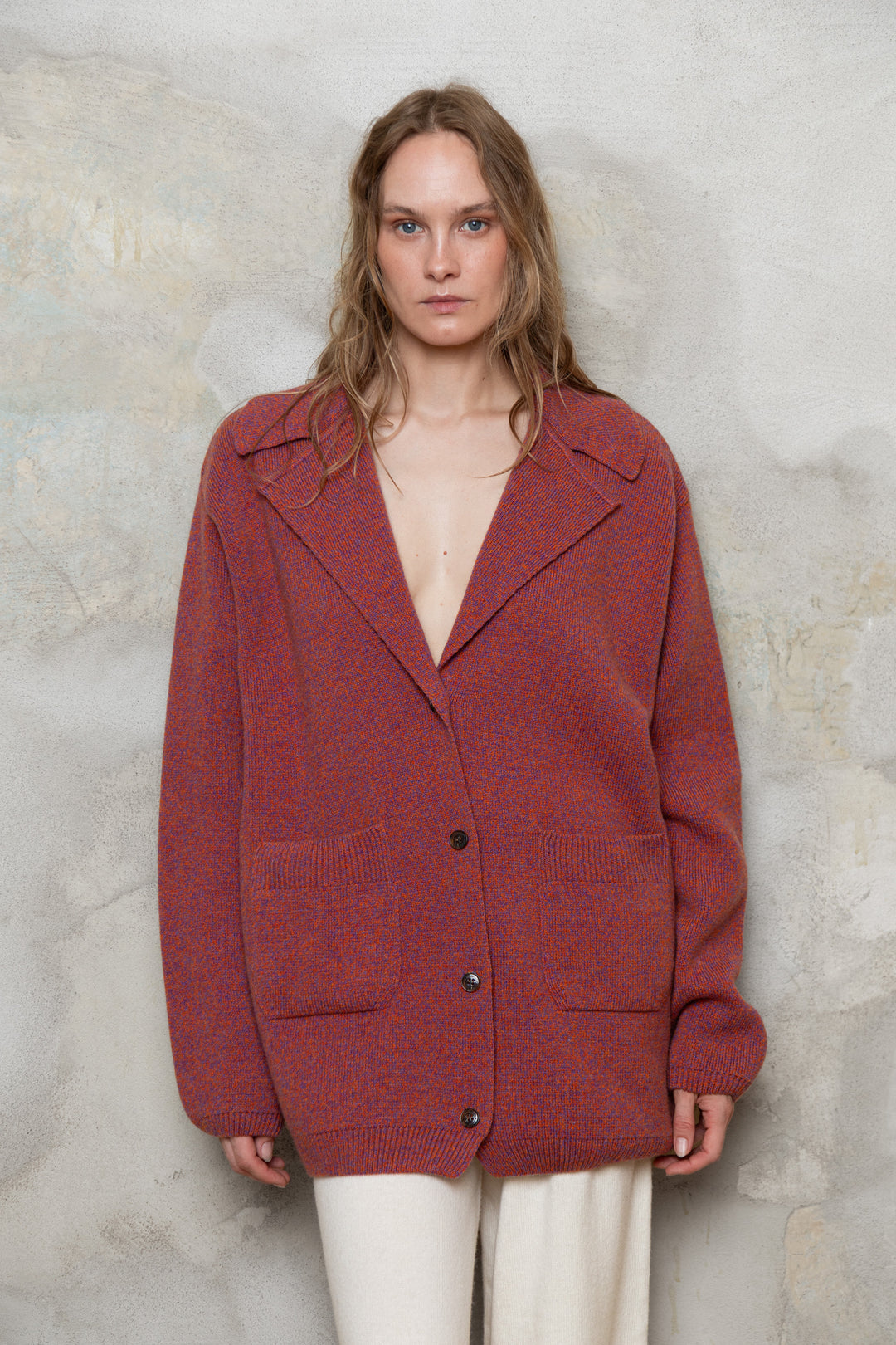 RASPBERRY RED MELANGE CASHMERE-MERINO WOOL JACKET CARDIGAN