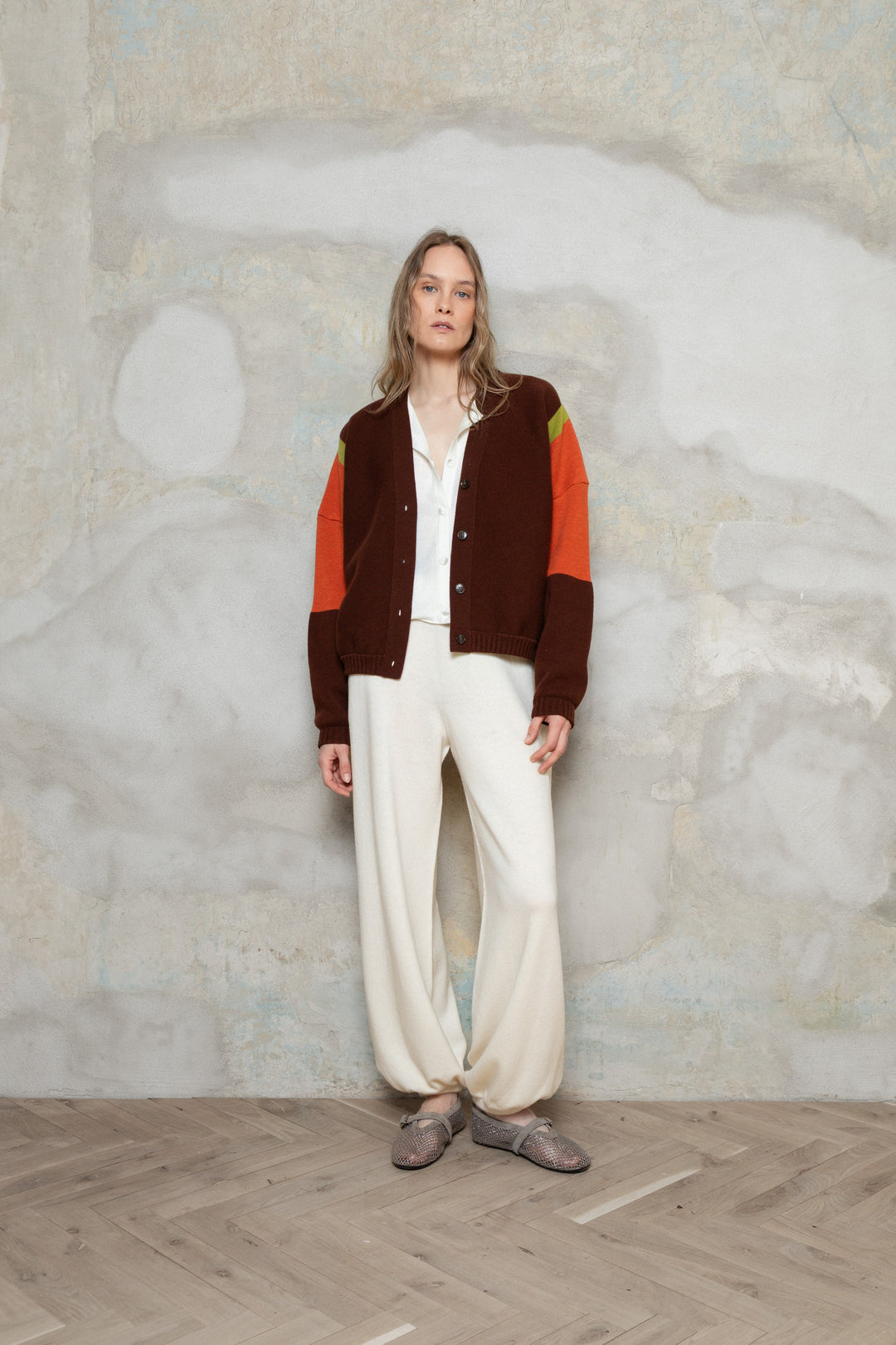 CHOCOLATE/RED ORANGE/PEAR GREEN LAMBSWOOL BOMBER JACKET