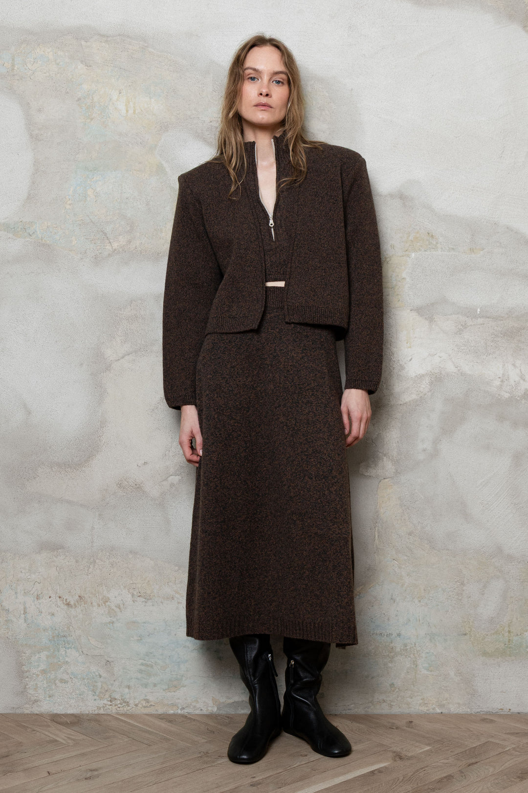 CHOCOLATE BROWN MELANGE CASHMERE-MERINO WOOL MAXI SKIRT