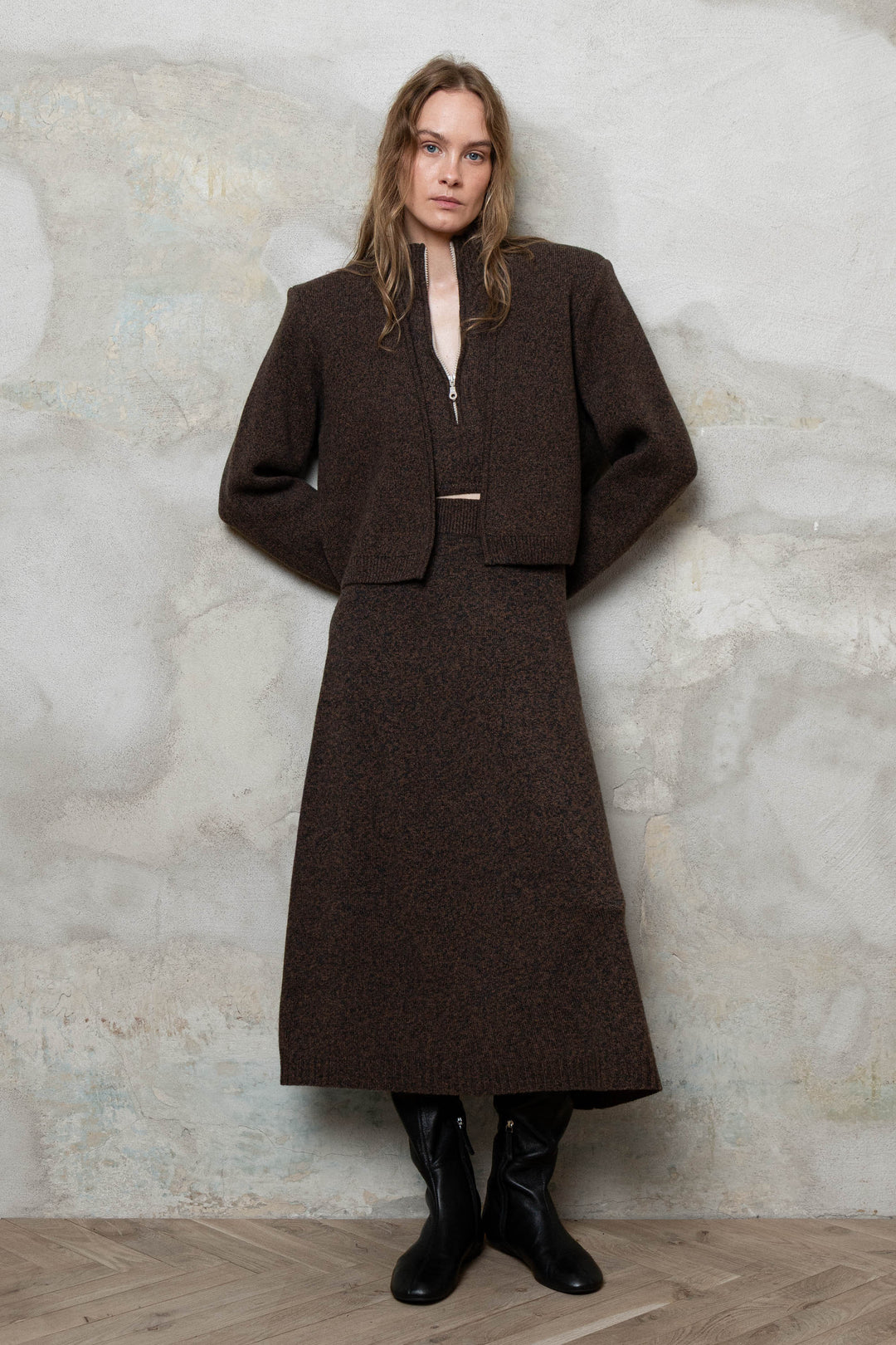 CHOCOLATE BROWN MELANGE CASHMERE-MERINO WOOL MAXI SKIRT