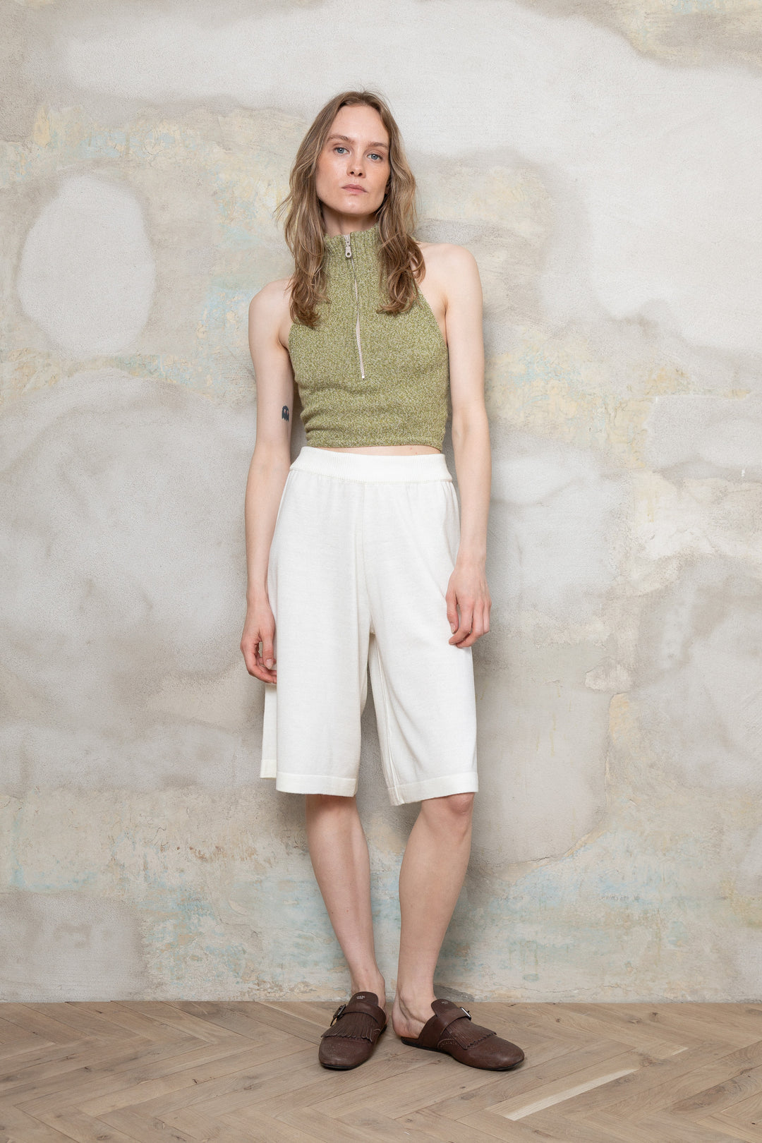 MOSS GREEN MELANGE CASHMERE-MERINO WOOL CROP TOP