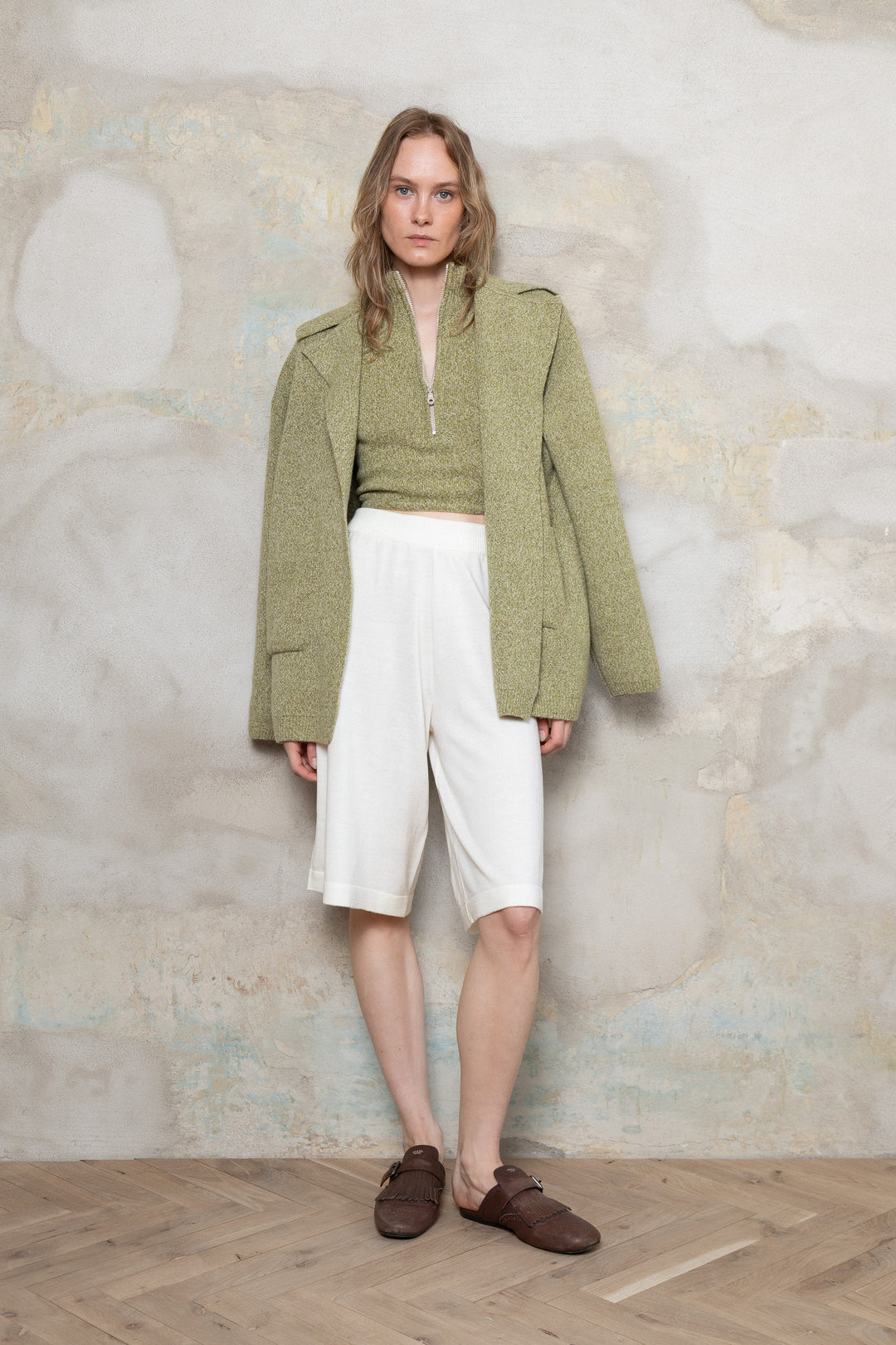 MOSS GREEN MELANGE CASHMERE-MERINO WOOL CROP TOP
