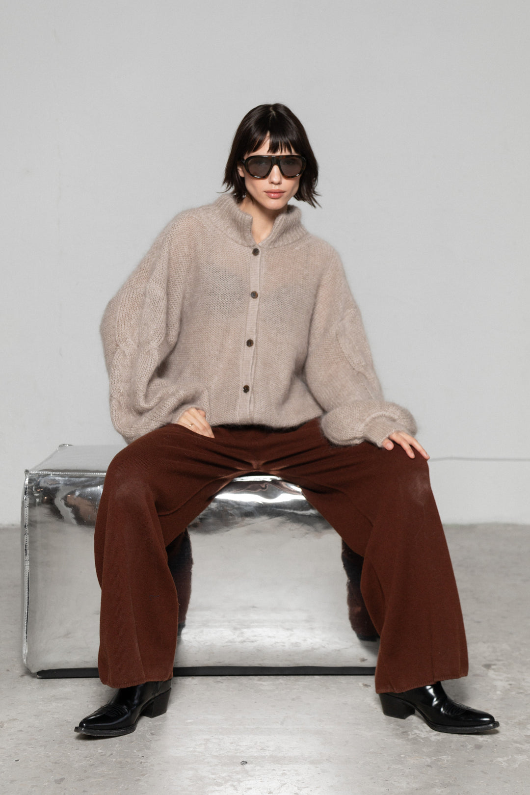 SAND MOHAIR AND SILK BUTTON DOWN CARDIGAN