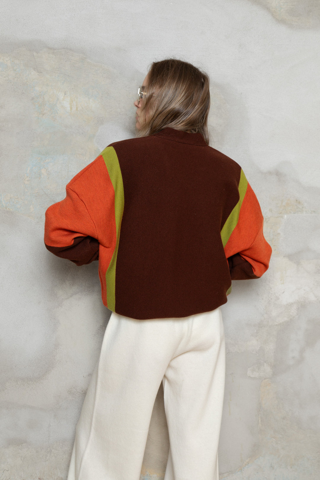 CHOCOLATE/RED ORANGE/PEAR GREEN LAMBSWOOL BOMBER JACKET