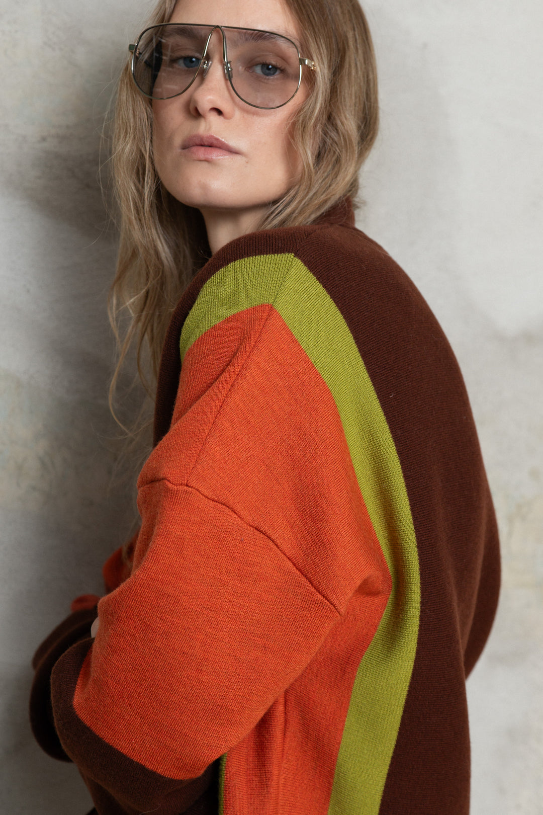 CHOCOLATE/RED ORANGE/PEAR GREEN LAMBSWOOL BOMBER JACKET