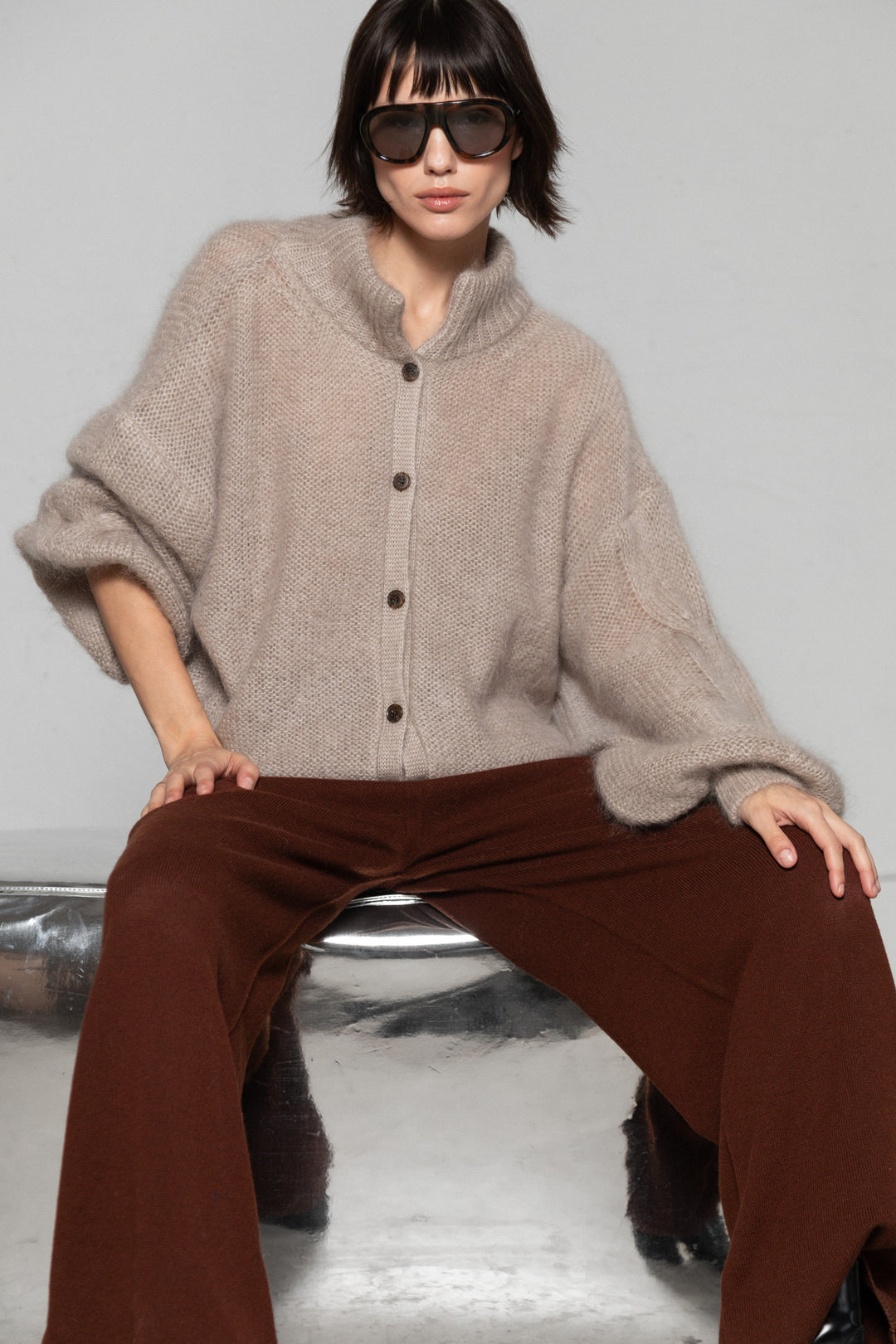 SAND MOHAIR AND SILK BUTTON DOWN CARDIGAN