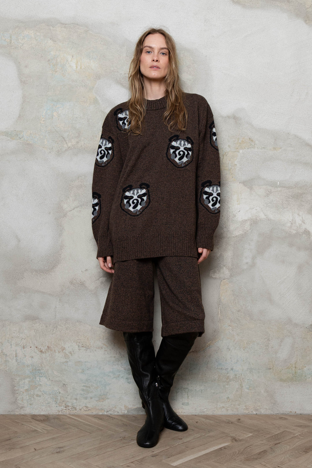 CHOCOLATE BROWN MELANGE CASHMERE-MERINO WOOL BEAR SWEATER