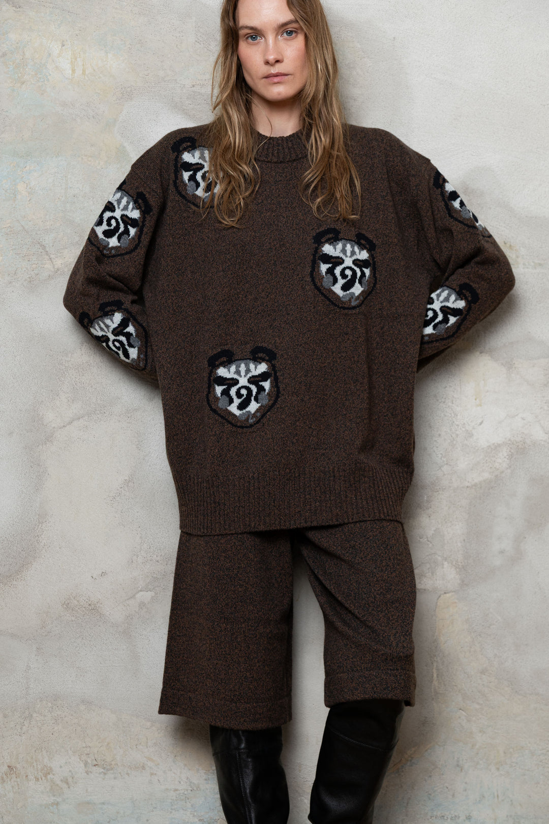 CHOCOLATE BROWN MELANGE CASHMERE-MERINO WOOL BEAR SWEATER