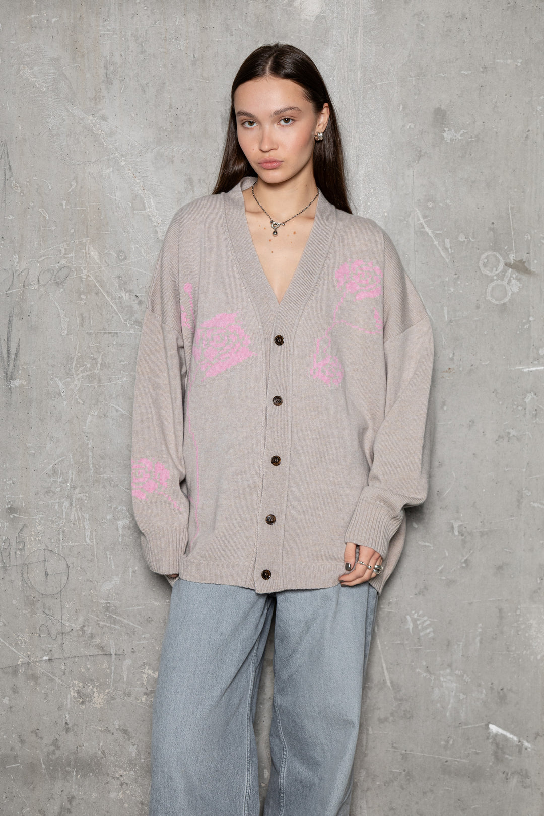 POWDER/SOFT PINK CASHMERE-MERINO WOOL ROSE CARDIGAN