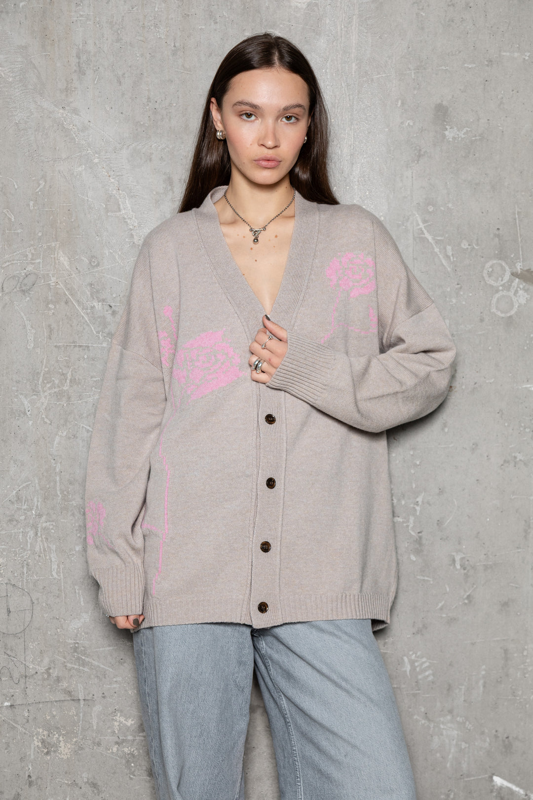POWDER/SOFT PINK CASHMERE-MERINO WOOL ROSE CARDIGAN