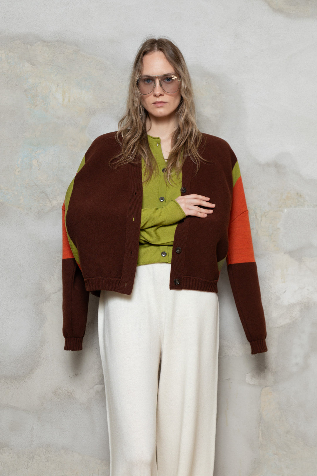 CHOCOLATE/RED ORANGE/PEAR GREEN LAMBSWOOL BOMBER JACKET