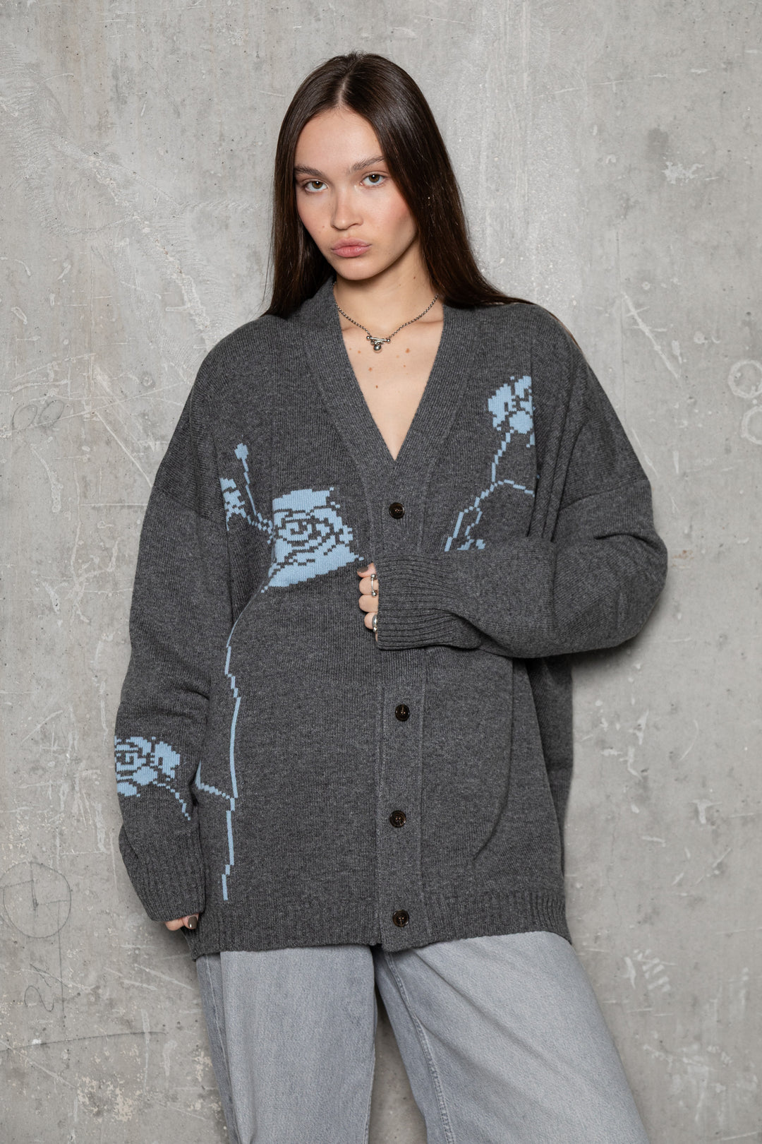 DARK GREY/CLOUD BLUE LAMBSWOOL CARDIGAN