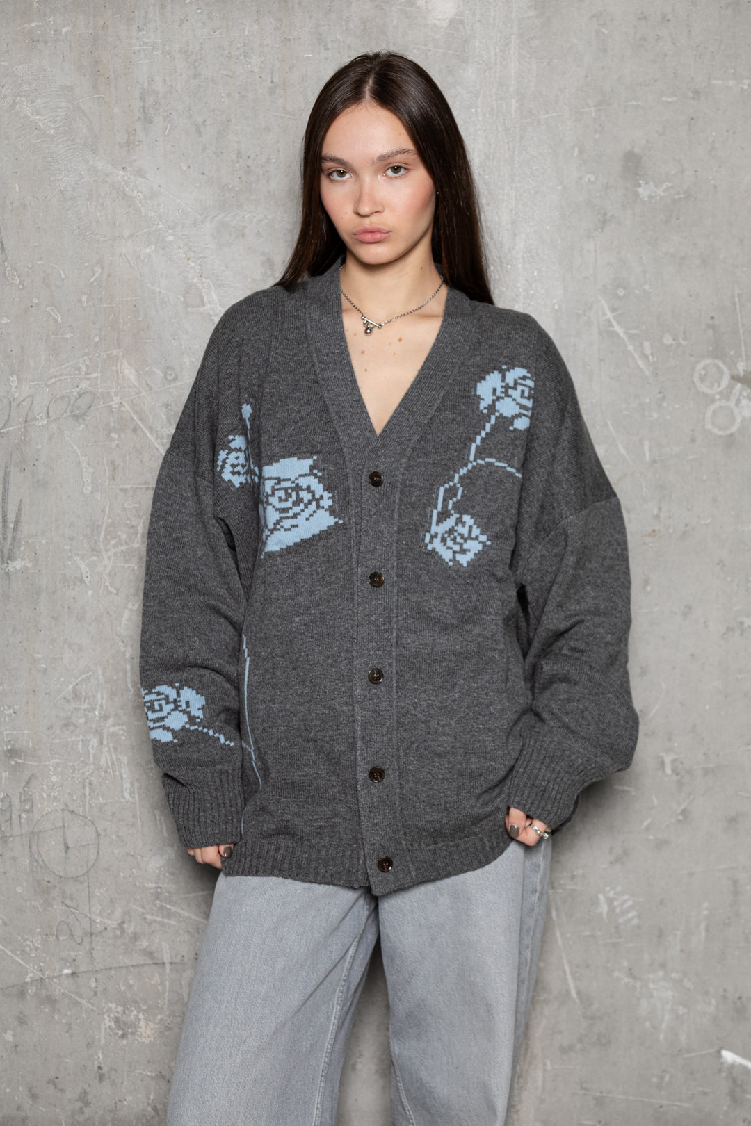 DARK GREY/CLOUD BLUE LAMBSWOOL CARDIGAN