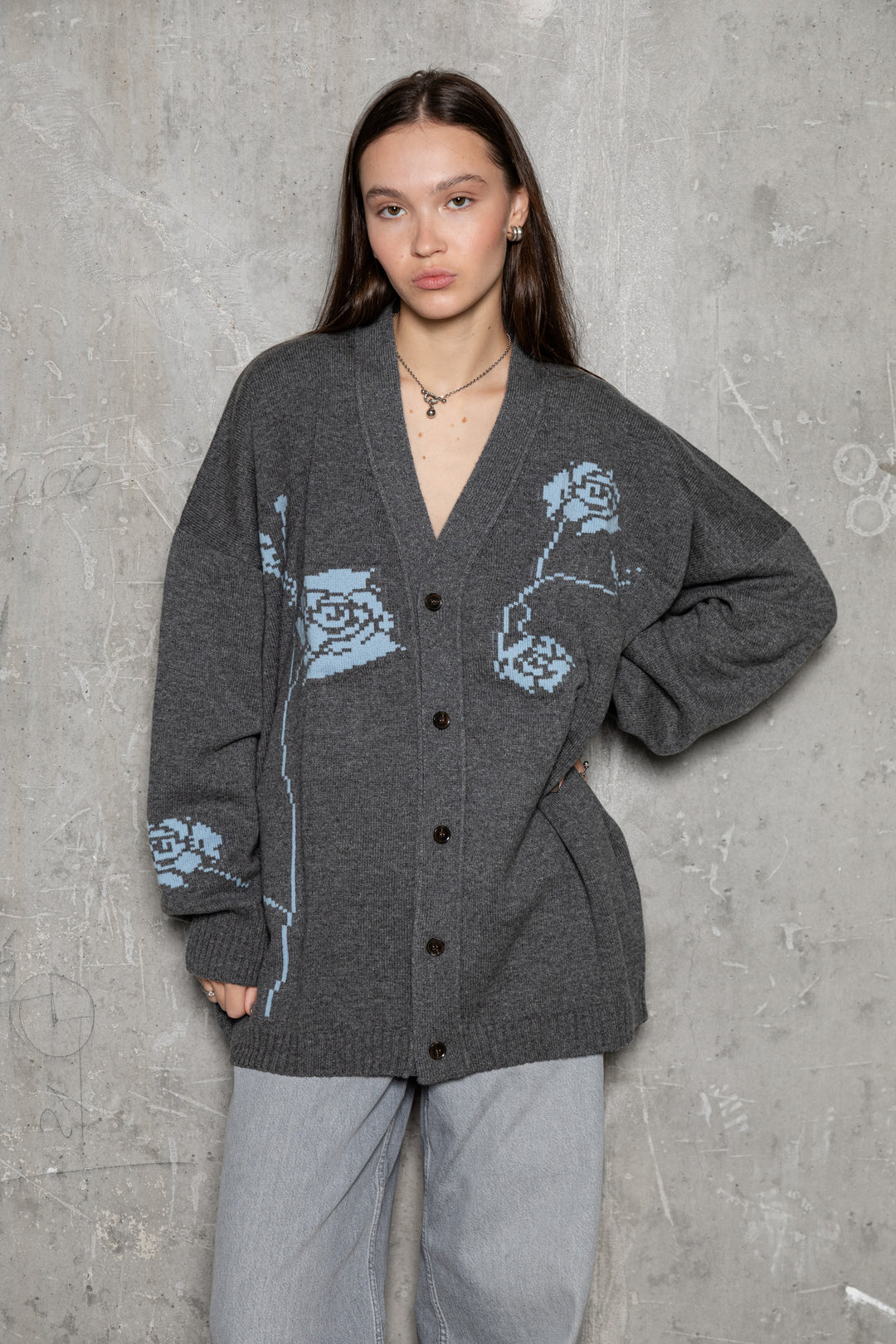 DARK GREY/CLOUD BLUE LAMBSWOOL CARDIGAN