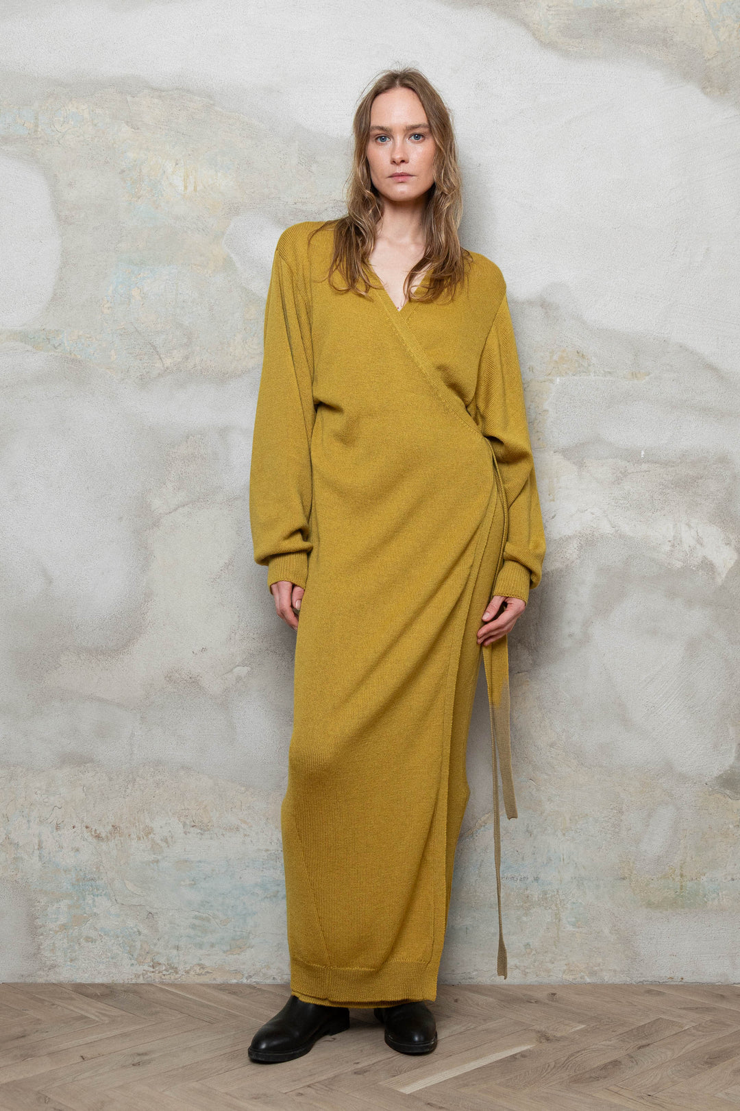 MUSTARD MERINO WOOL WRAP DRESS