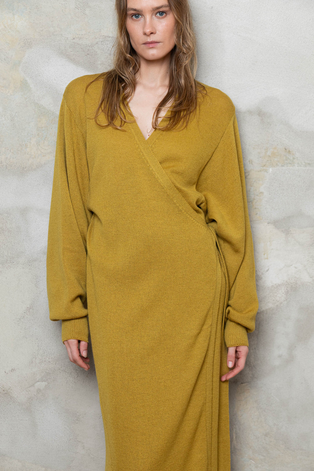 MUSTARD MERINO WOOL WRAP DRESS