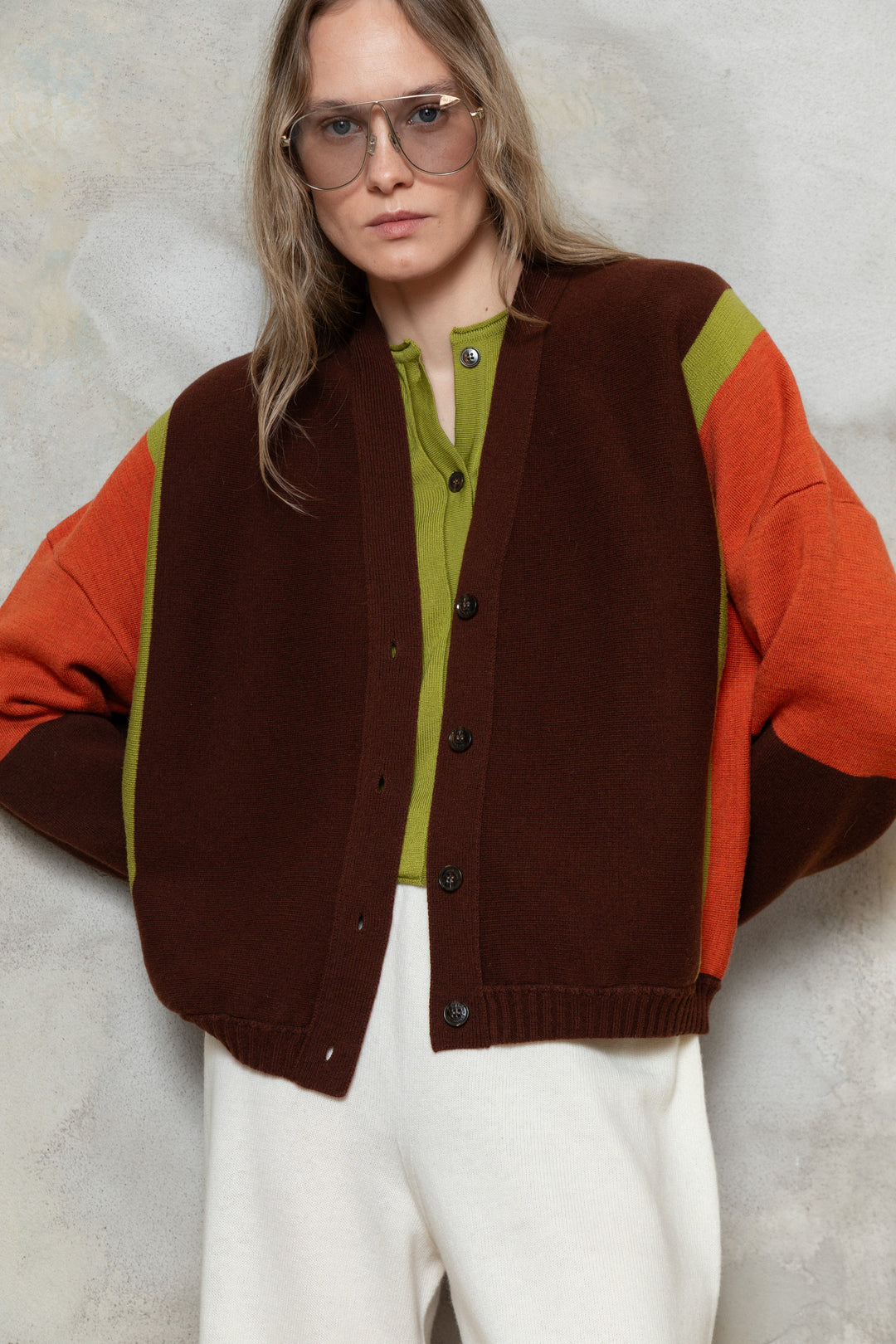 CHOCOLATE/RED ORANGE/PEAR GREEN LAMBSWOOL BOMBER JACKET