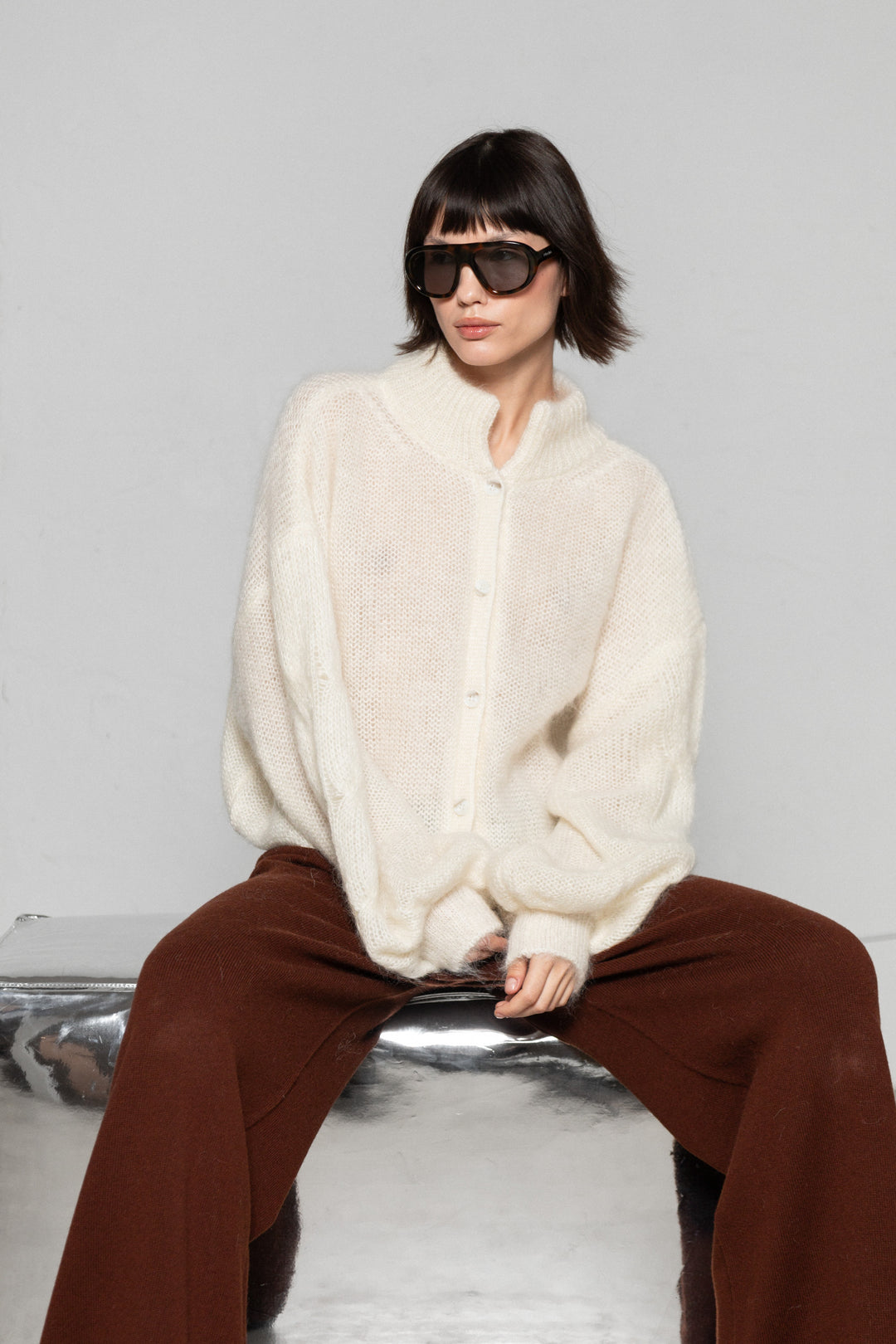 PEARL MOHAIR AND SILK BUTTON DOWN CARDIGAN