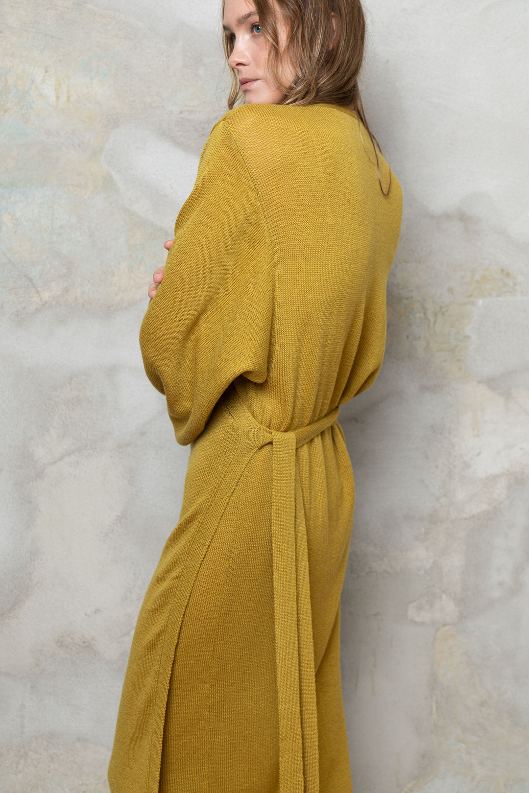 MUSTARD MERINO WOOL WRAP DRESS