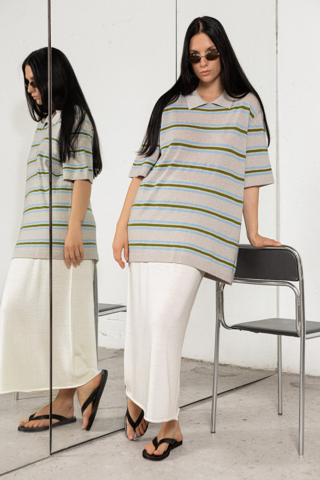 POWDER STRIPED CASHMERE-MERINO WOOL POLO T-SHIRT