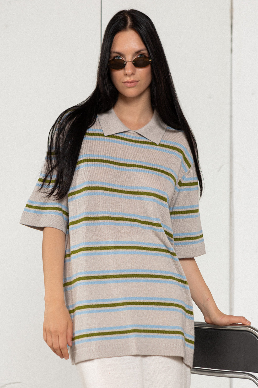 POWDER STRIPED CASHMERE-MERINO WOOL POLO T-SHIRT