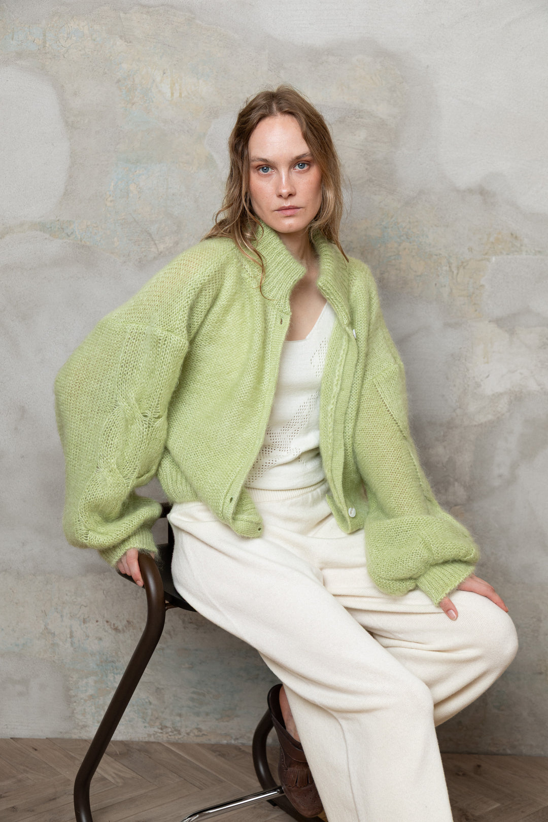 APPLE GREEN MOHAIR AND SILK BUTTON DOWN CARDIGAN