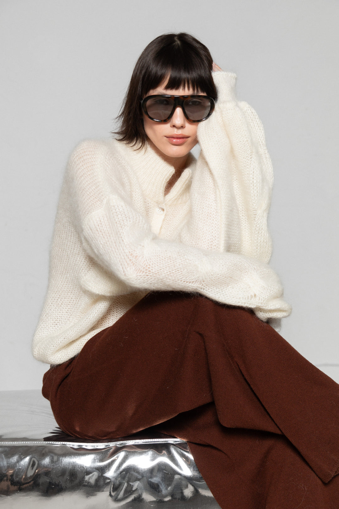 PEARL MOHAIR AND SILK BUTTON DOWN CARDIGAN