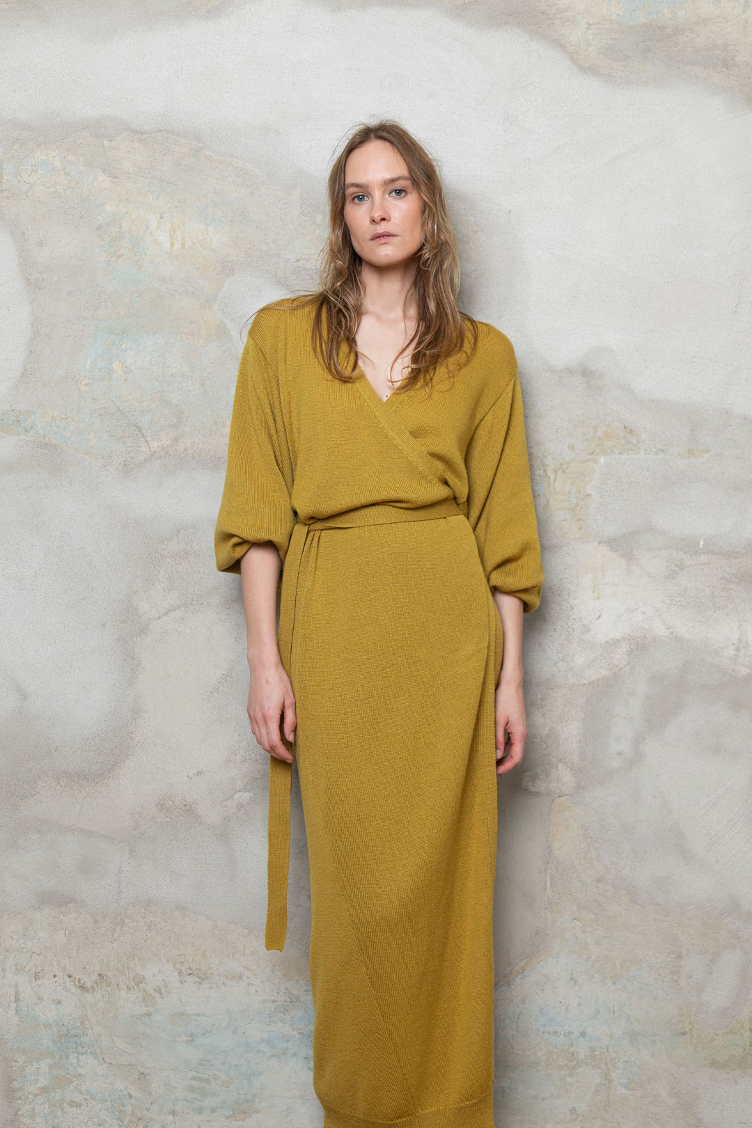 MUSTARD MERINO WOOL WRAP DRESS